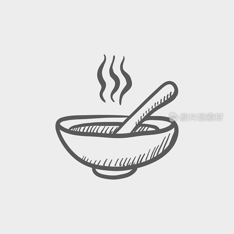 Bowl of hot soup with spoon sketch hand drawn doodle icon